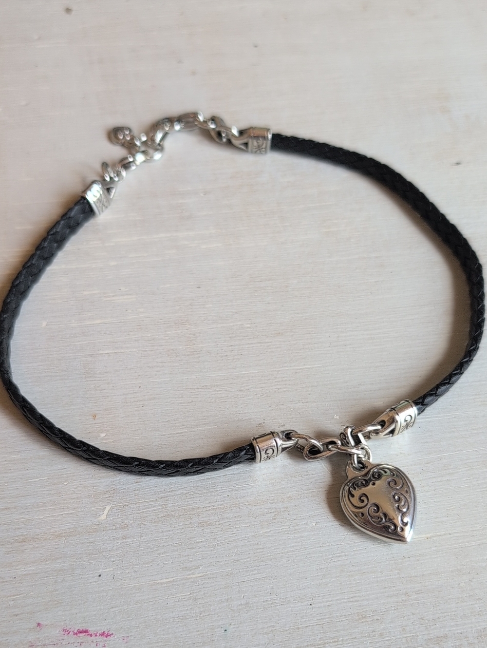 Brighton Black Braided Leather Choker Necklace with Silver Heart Pendant